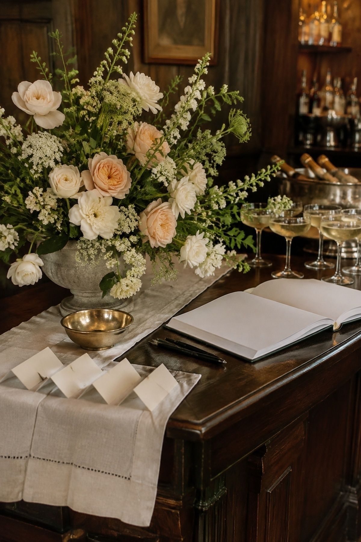 Flowers styled on the bar or welcome table