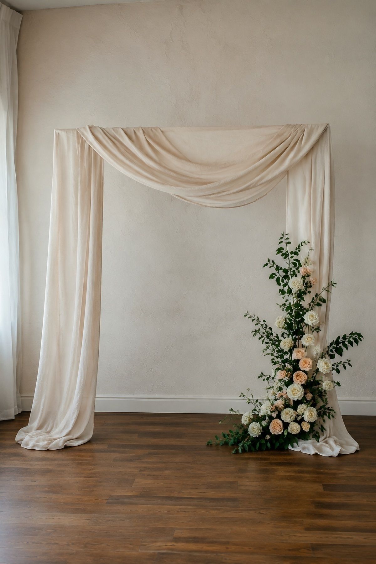 Flower installation combined with drapery