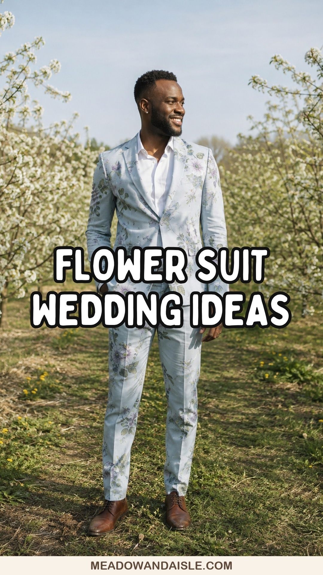 Flower suit wedding ideas Pinterest pin with botanical tailoring and Meadow and Aisle branding.