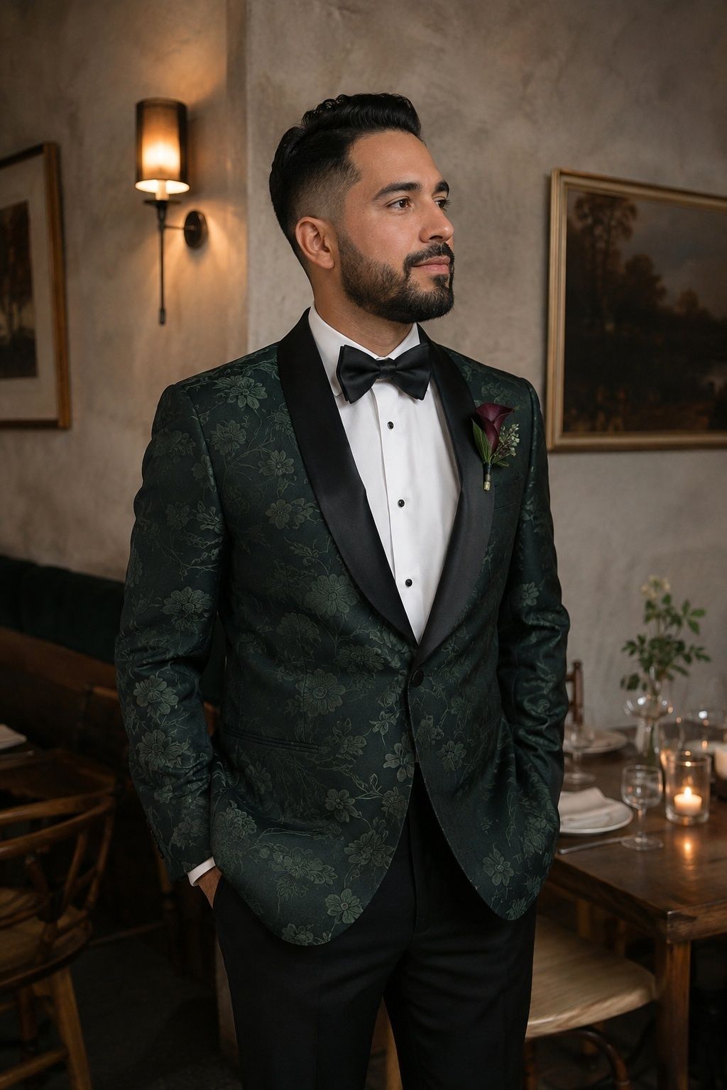 Dark green floral dinner jacket styled with a black bow tie for an evening wedding.