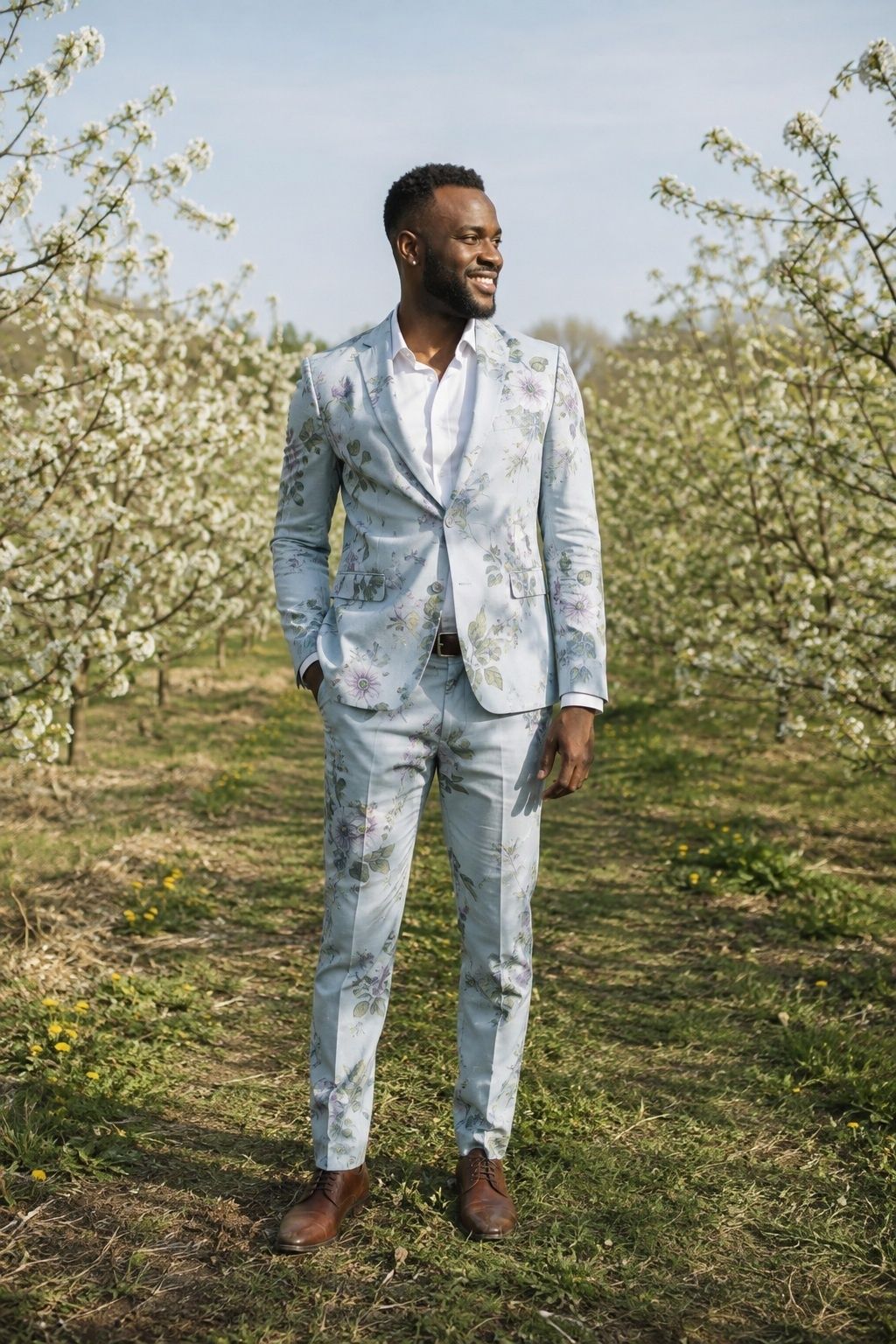 Pastel blue floral wedding suit in a spring orchard.
