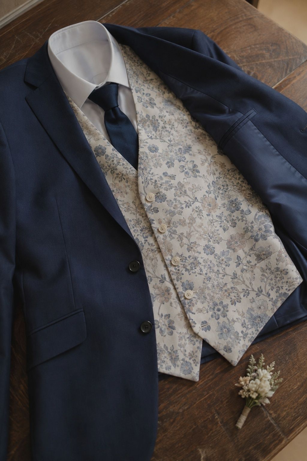Floral waistcoat layered beneath a plain navy wedding suit.