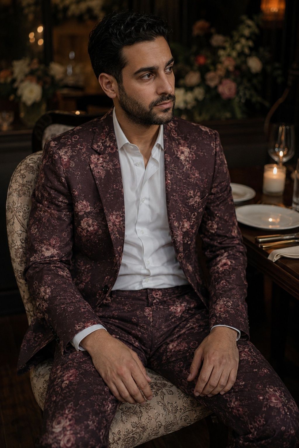 Groom seated in a vintage rose print suit at a restaurant wedding.