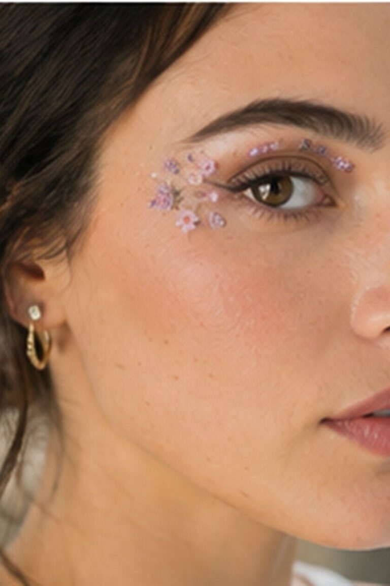 close bridal beauty portrait with tiny pressed flowers placed just beyond the outer eye.
