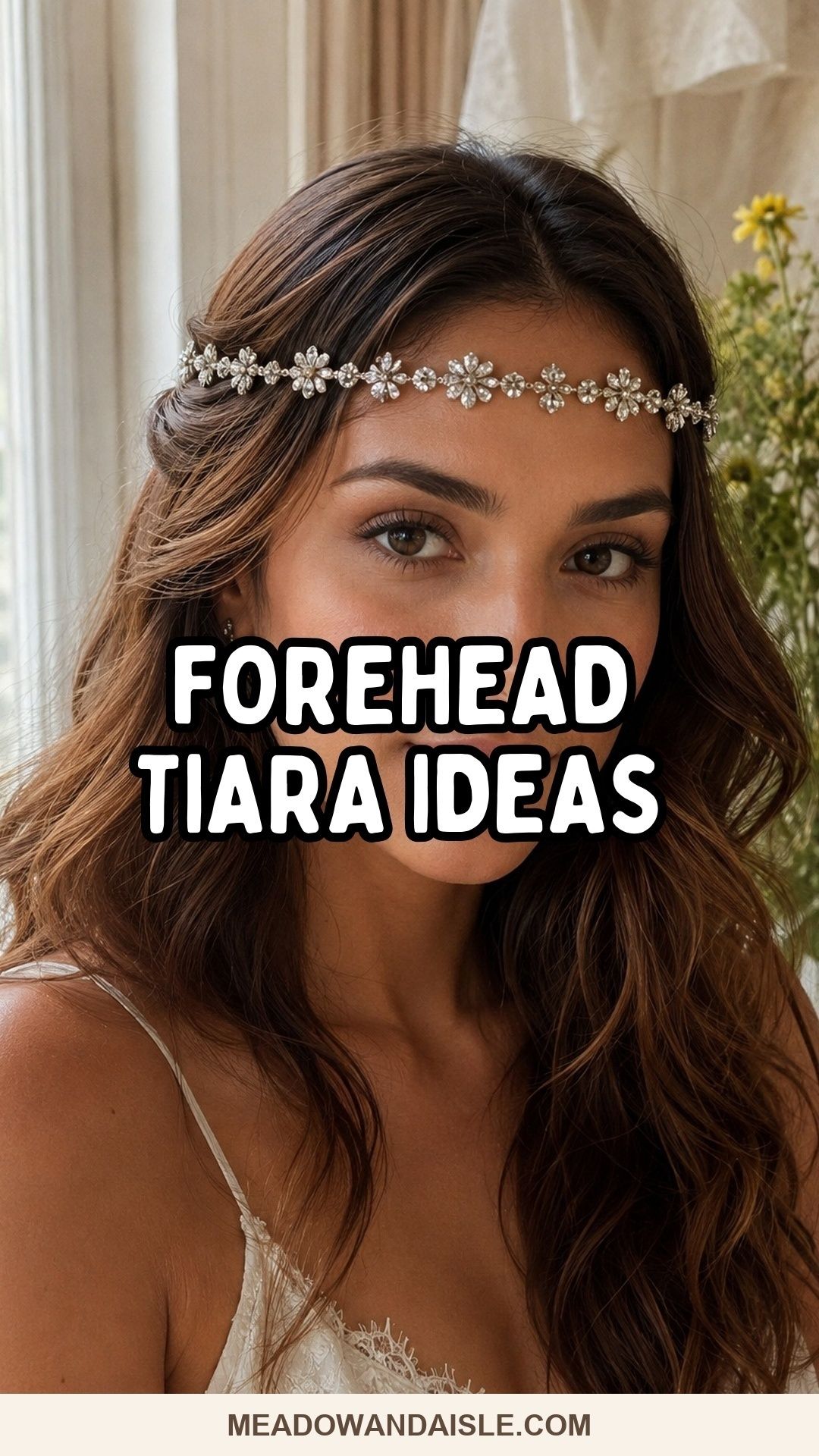 Pinterest pin for forehead tiara wedding ideas with a crystal browband bride.