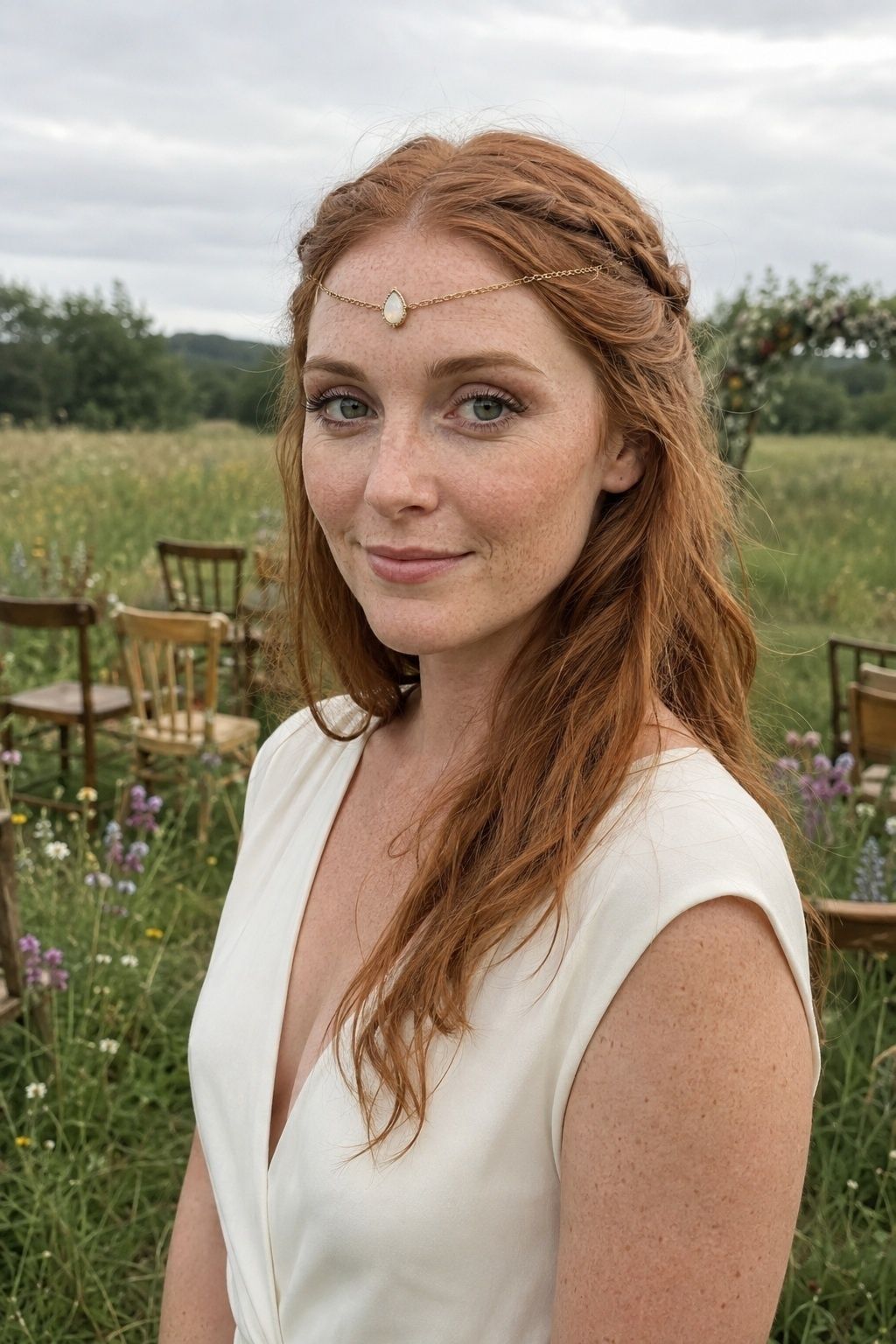 Boho chain forehead tiara for outdoor vows
