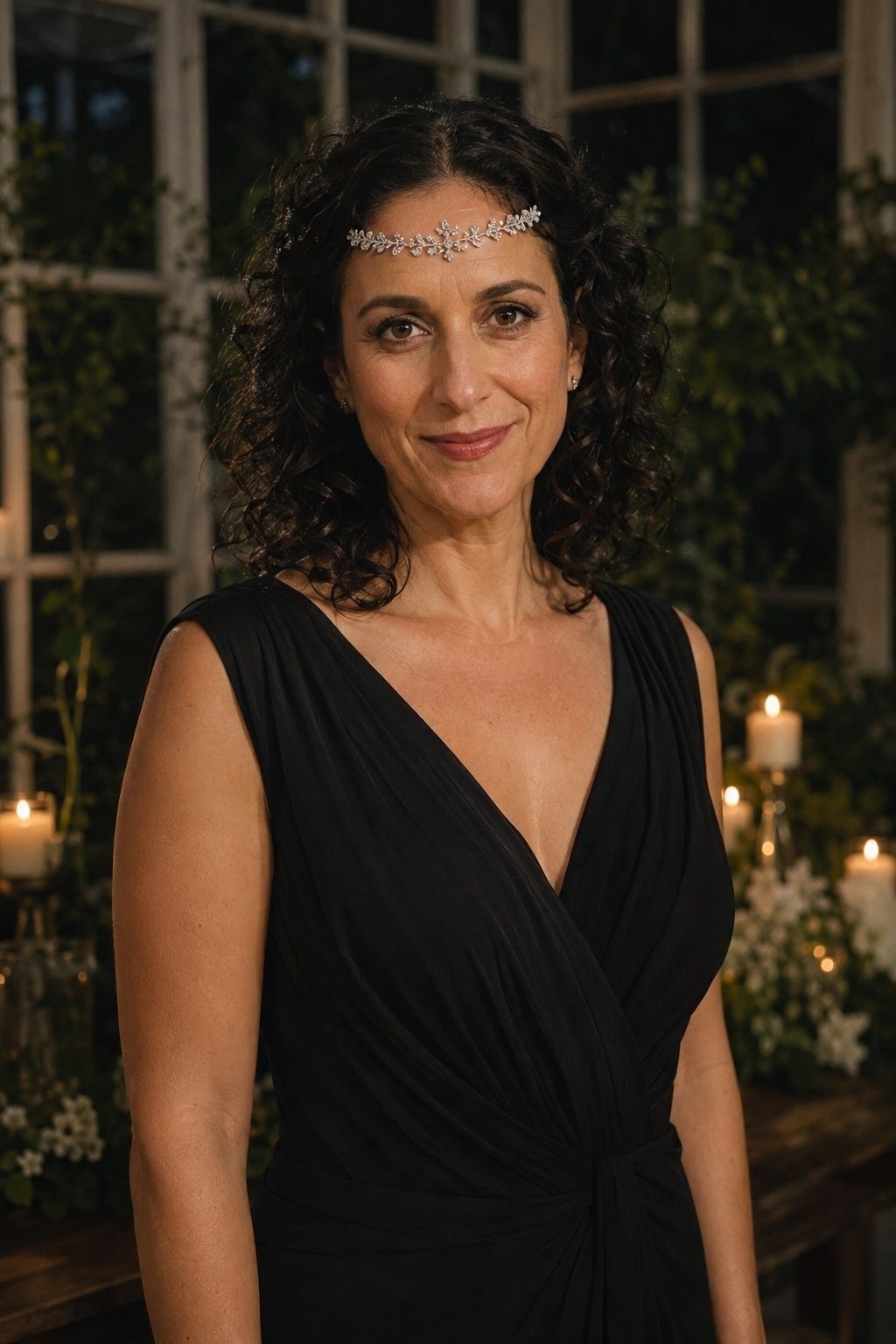 Silver forehead tiara with a black wedding dress
