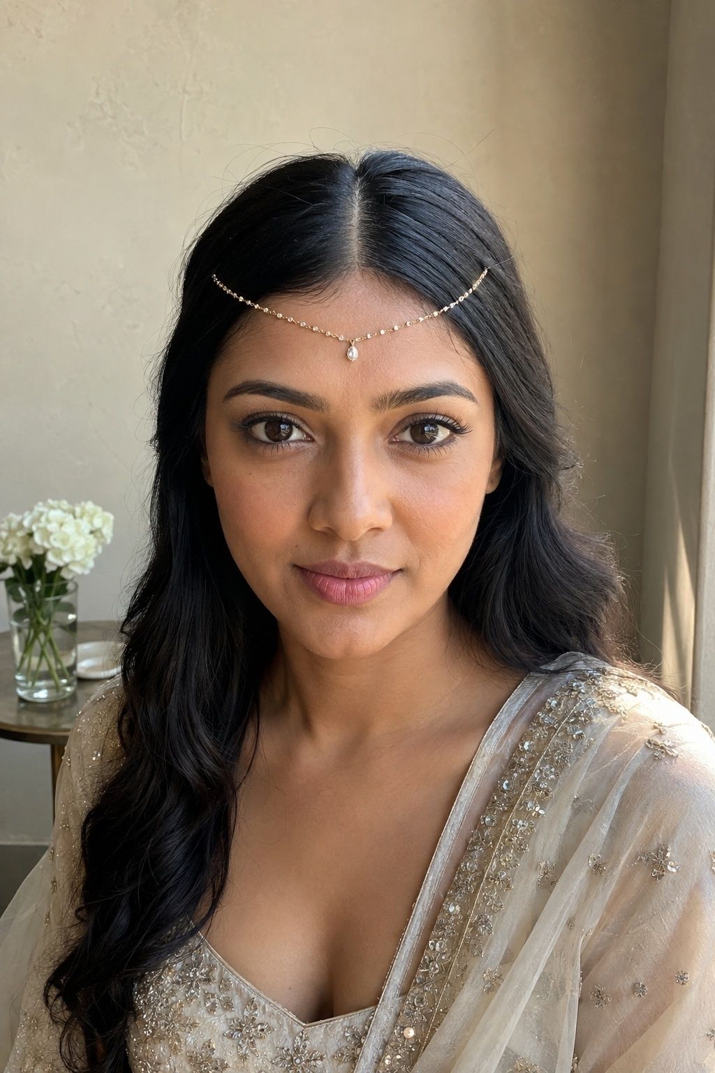 Forehead tiara over a middle hair part