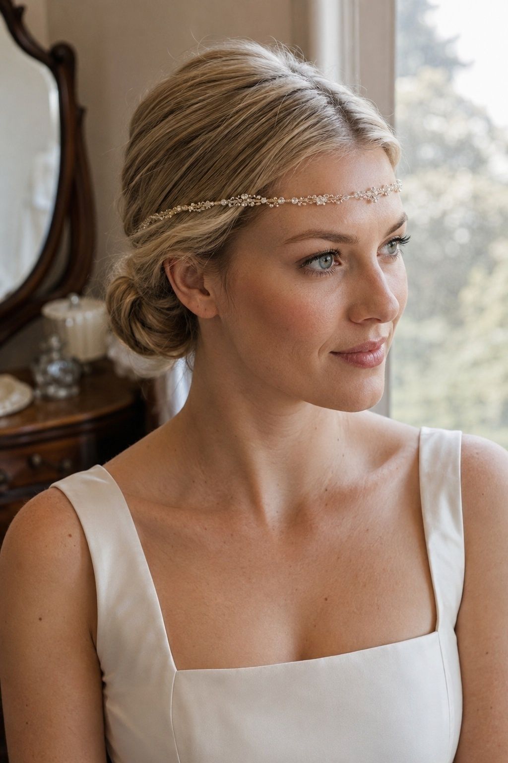 Delicate crystal brow piece with a low bun