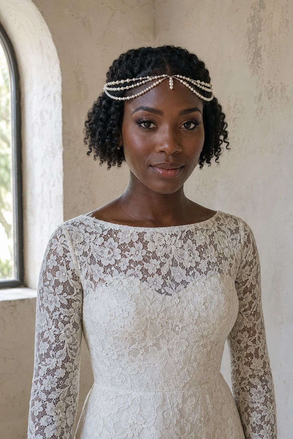 Pearl forehead chain paired with a lace gown