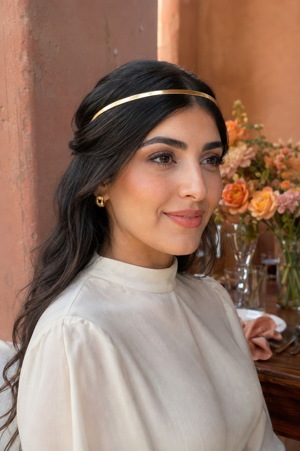 Minimal gold browband for warm-toned bridal styling