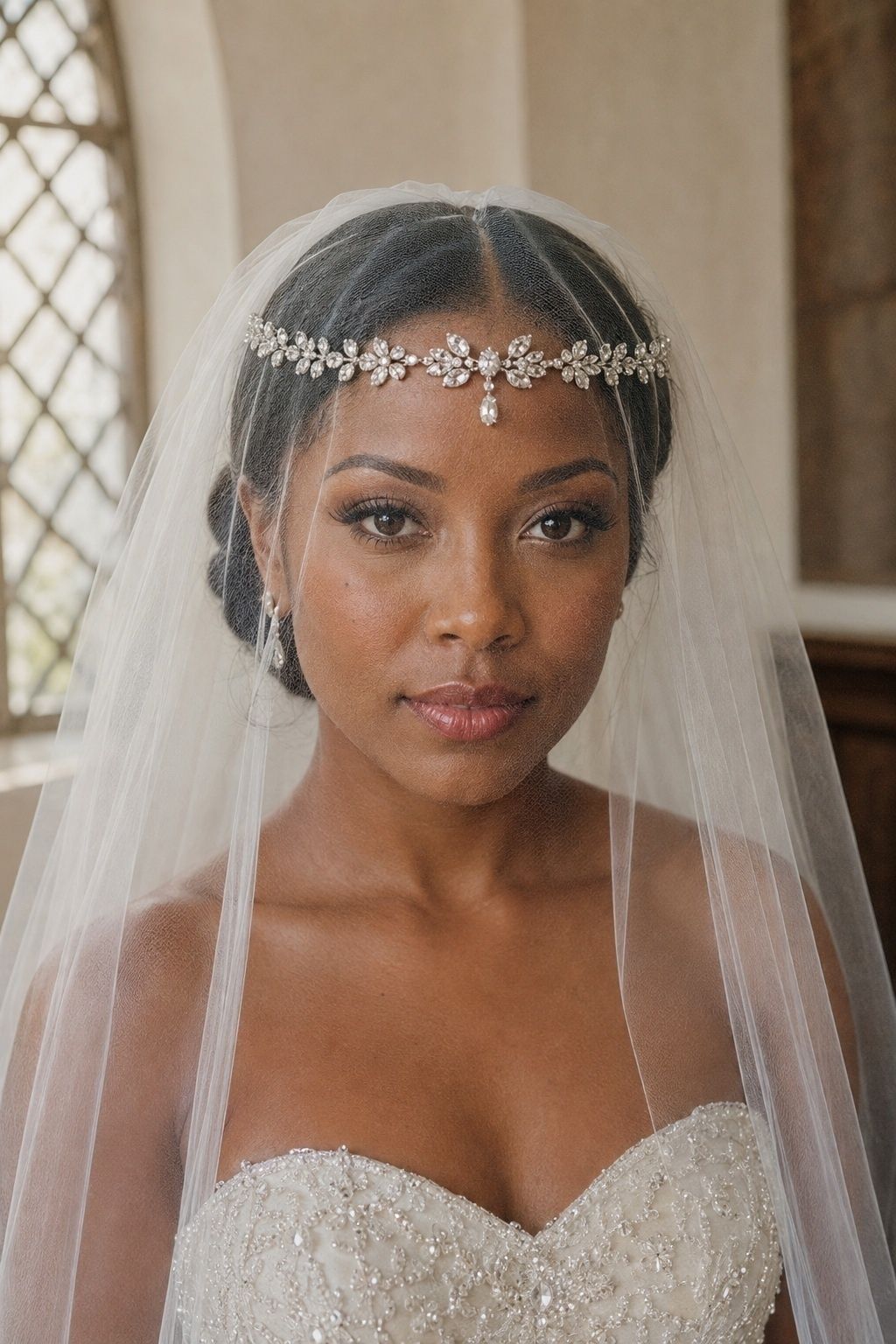 Forehead tiara worn under a sheer veil