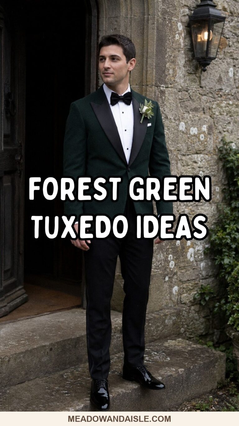 Forest green tuxedo wedding ideas with a green dinner jacket and black trousers