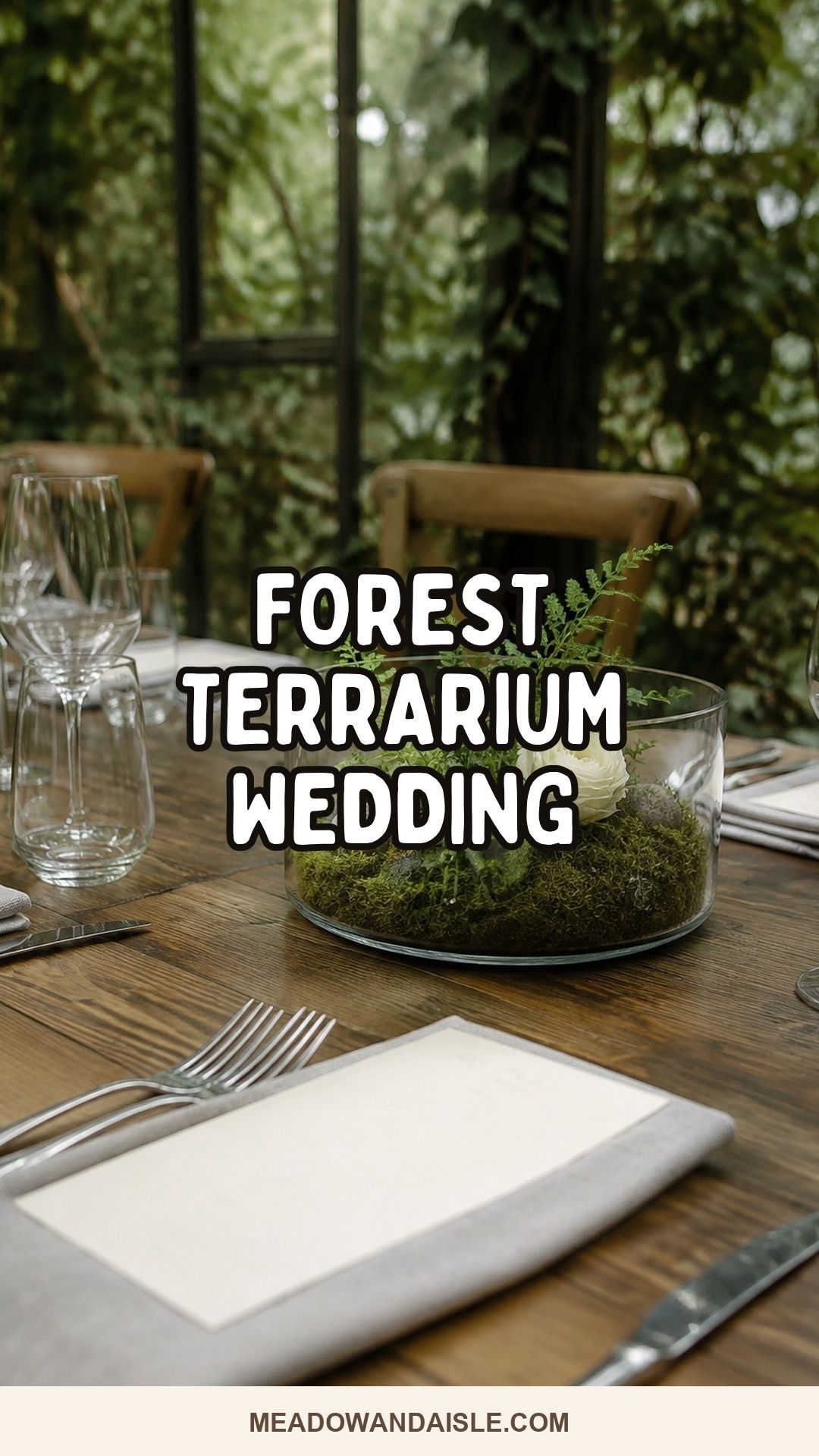 Forest terrarium wedding ideas Pinterest pin with a low glass moss centerpiece