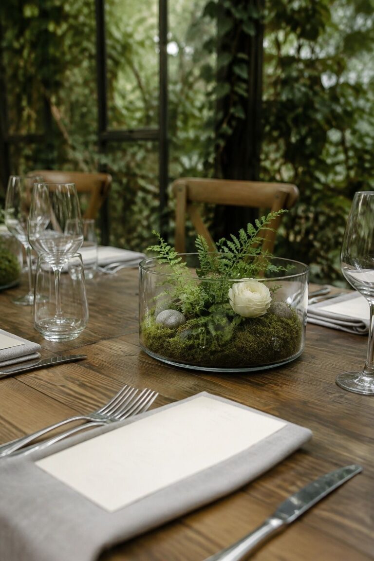 Low Glass Terrarium Centerpieces styled as a forest terrarium wedding idea