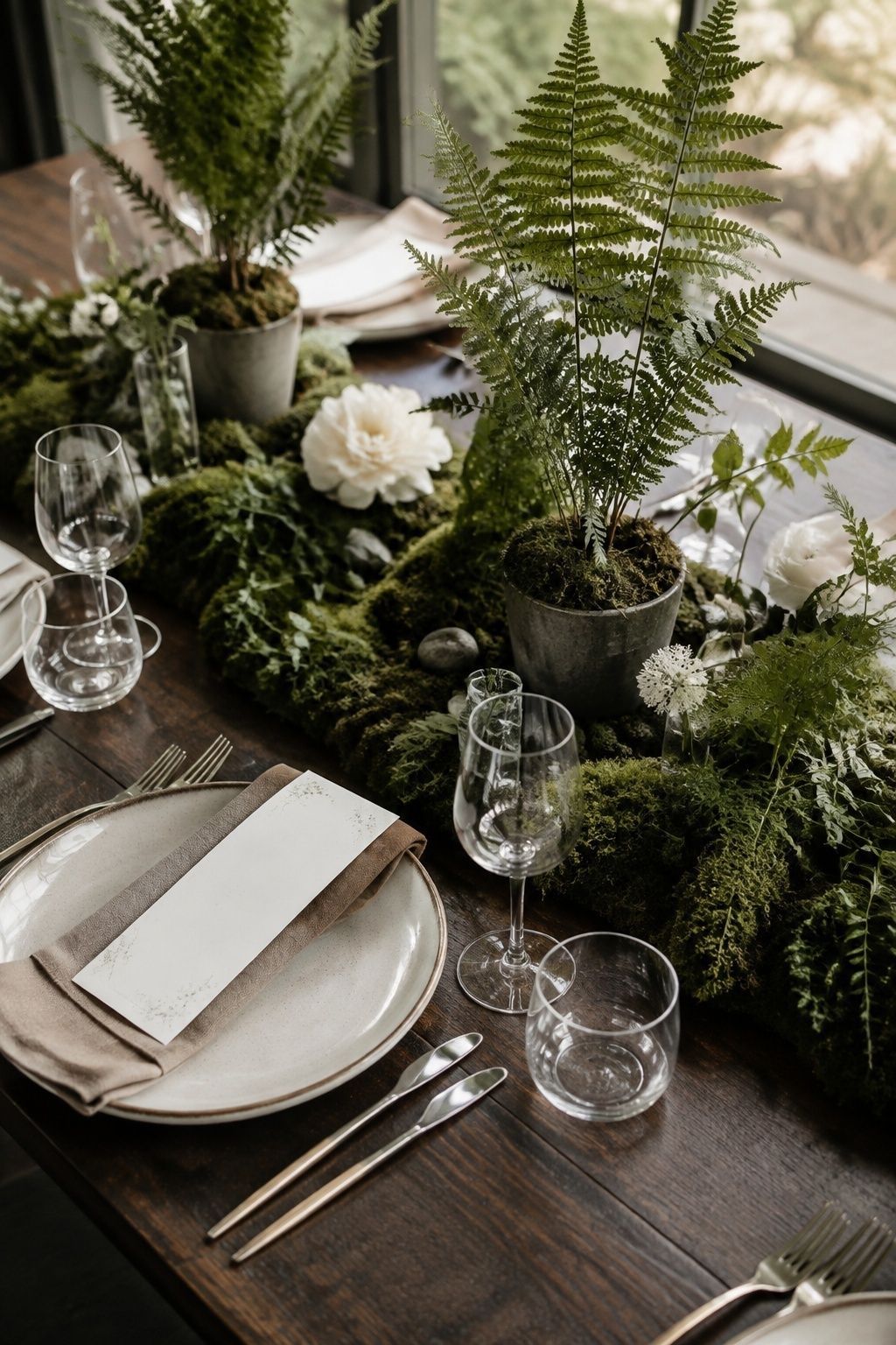 Moss and fern tablescape
