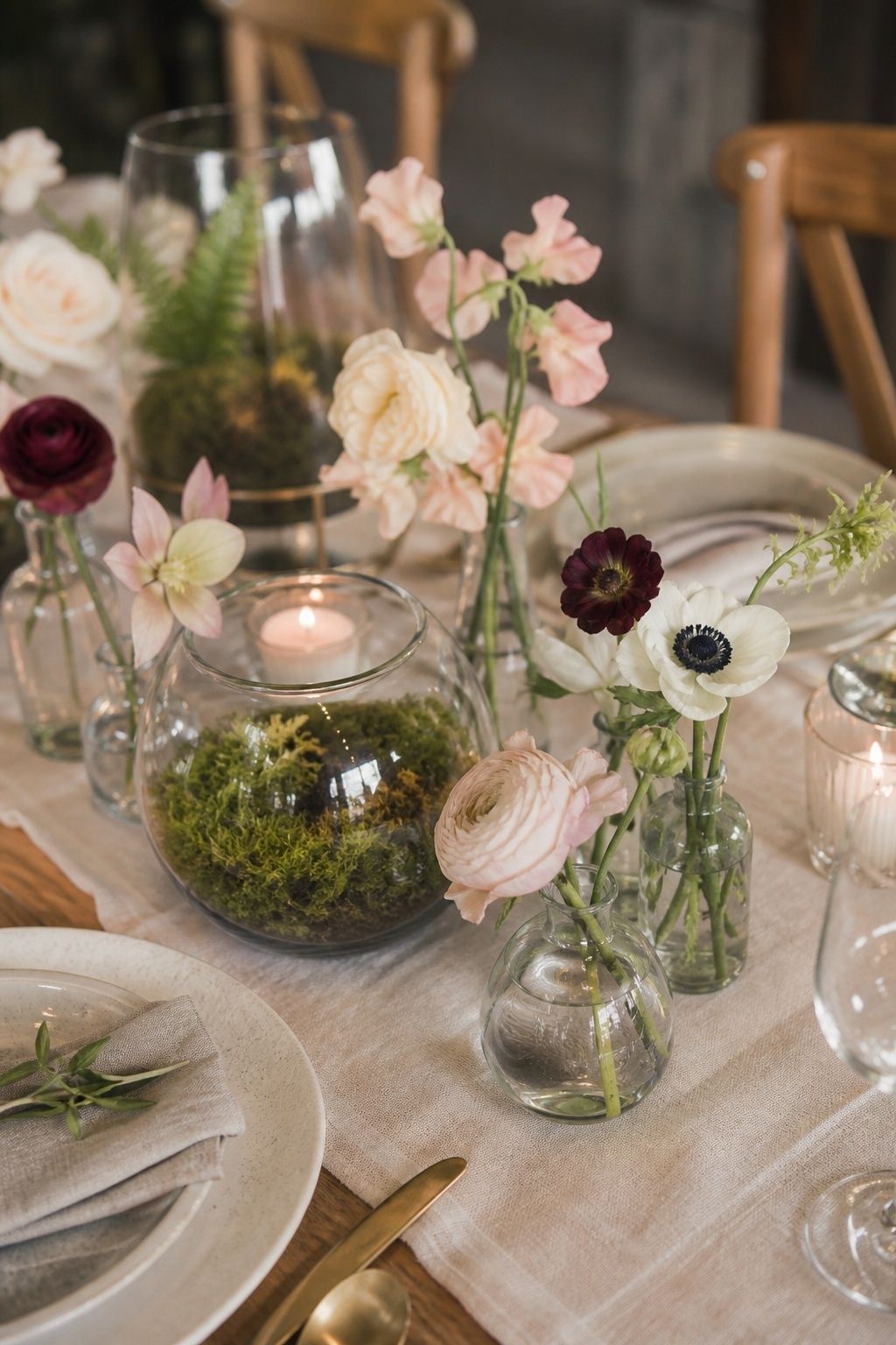 Woodland bud vases mixed with terrariums