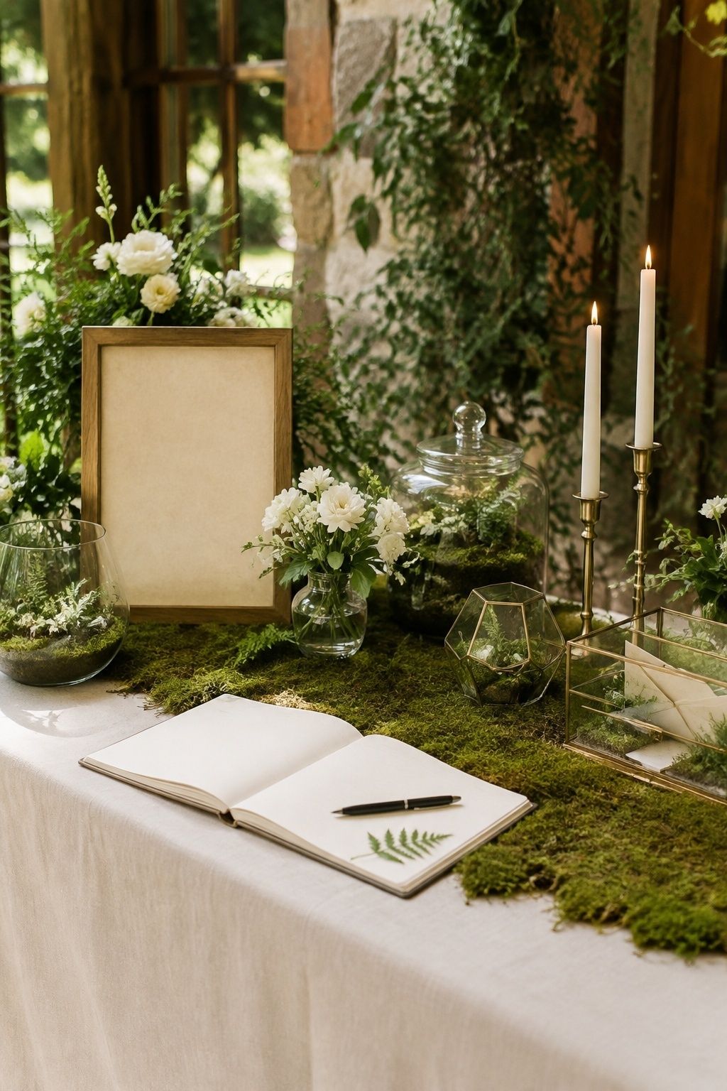 Mossy wedding welcome table