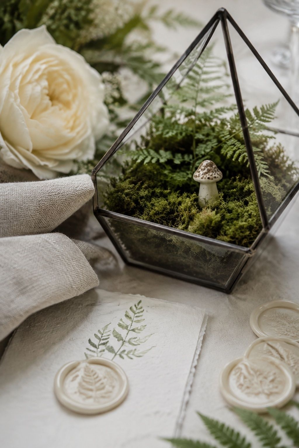 Tiny mushroom details in a terrarium