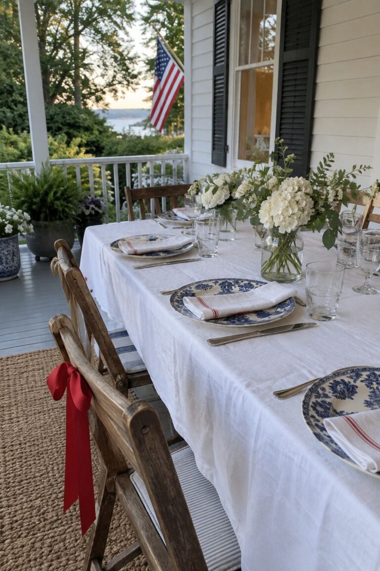 Blue and white with red accents at an intimate Fourth of July wedding