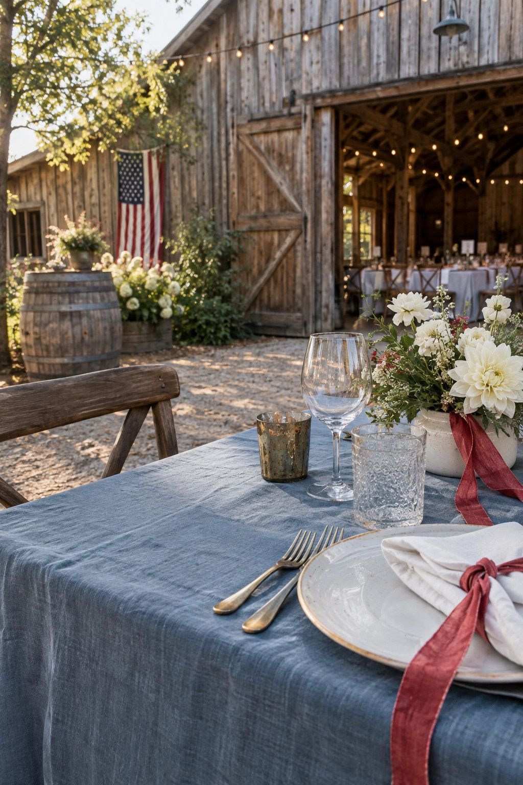 Muted red, white and blue wedding tones