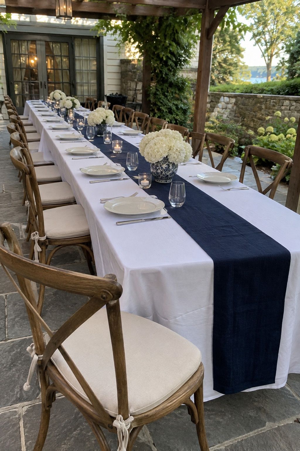 Navy runner on white linen
