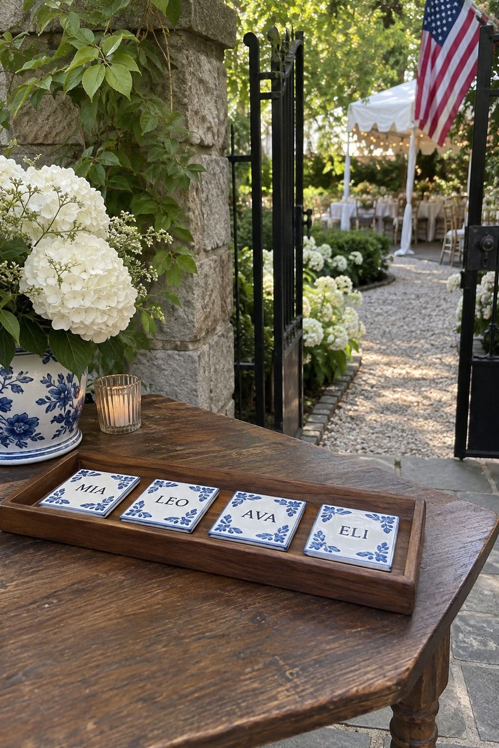 Americana-style escort card tiles