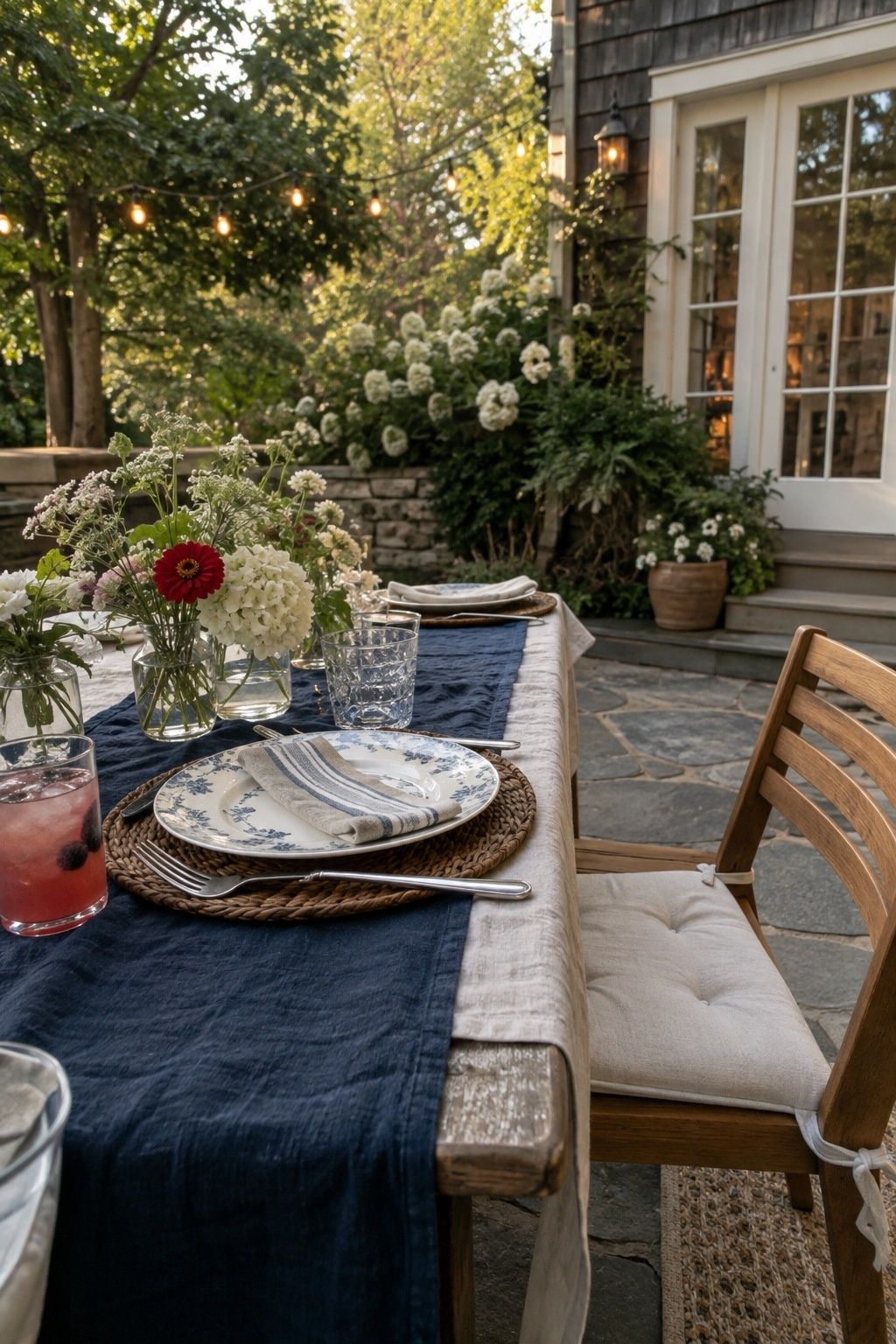Navy linen and ivory flowers with one red bloom at a small summer wedding