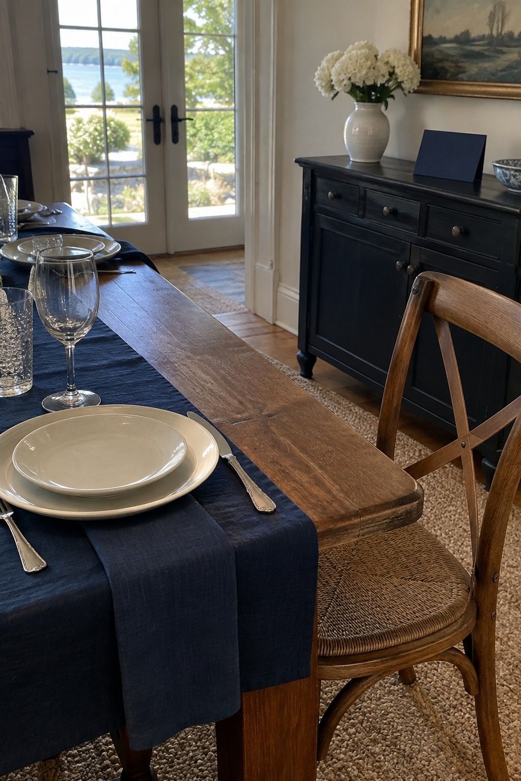 Navy linen and ivory plates on a small wedding table