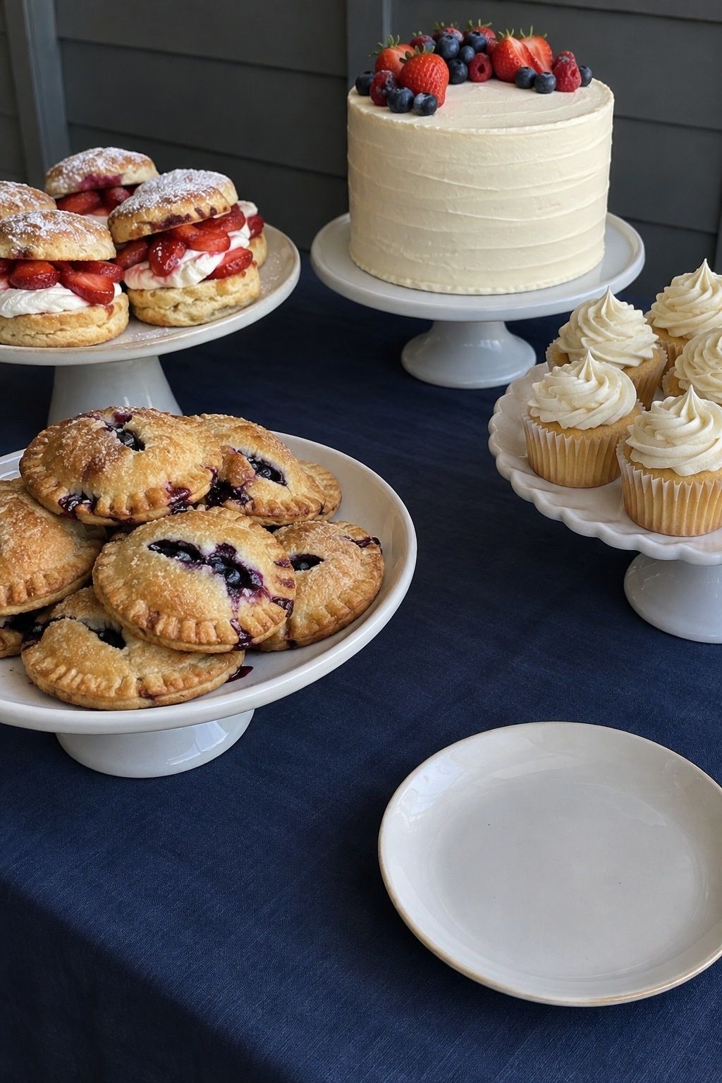 Berry shortcakes, blueberry pies and cake on a shaded wedding dessert table