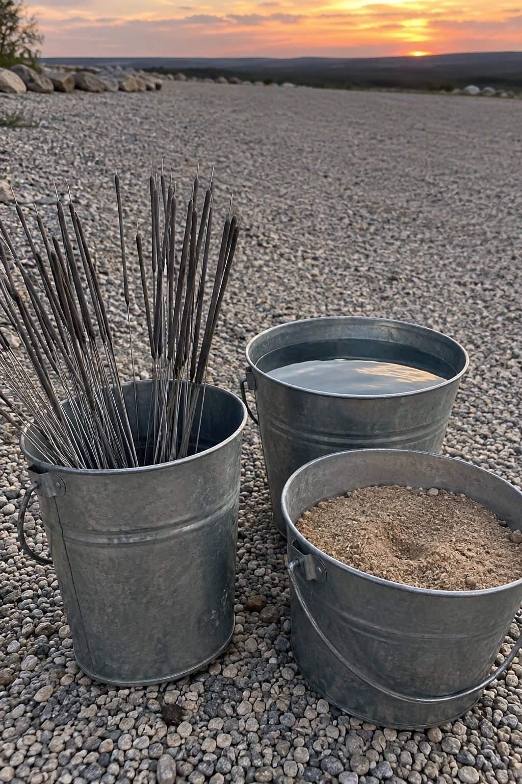 Unlit wedding sparklers with water and sand buckets beside a clear path