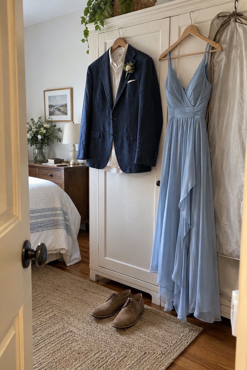 Lightweight navy suit and pale blue dress prepared for a summer wedding