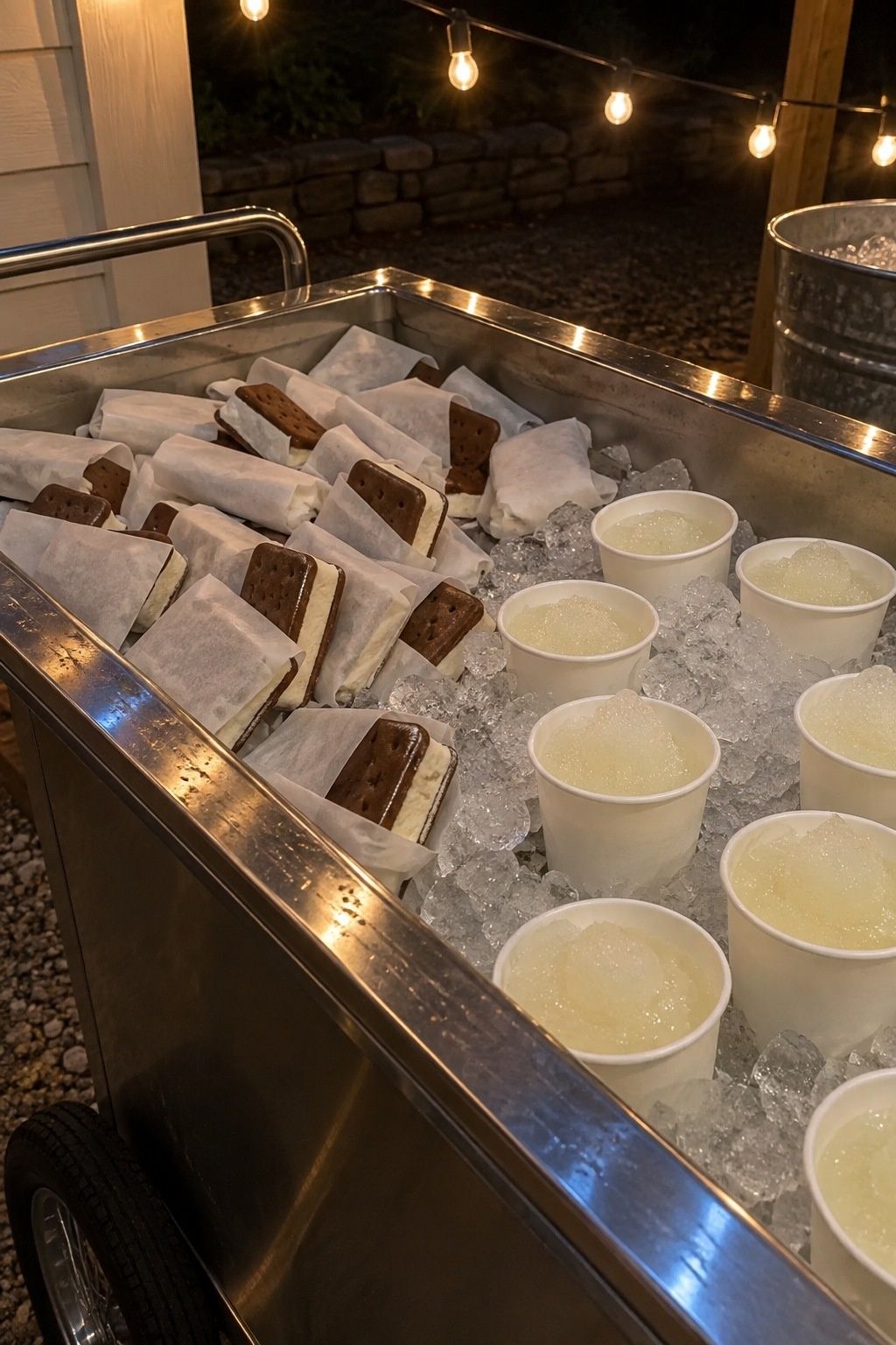 Ice cream sandwiches and frozen lemonade on a wedding snack cart