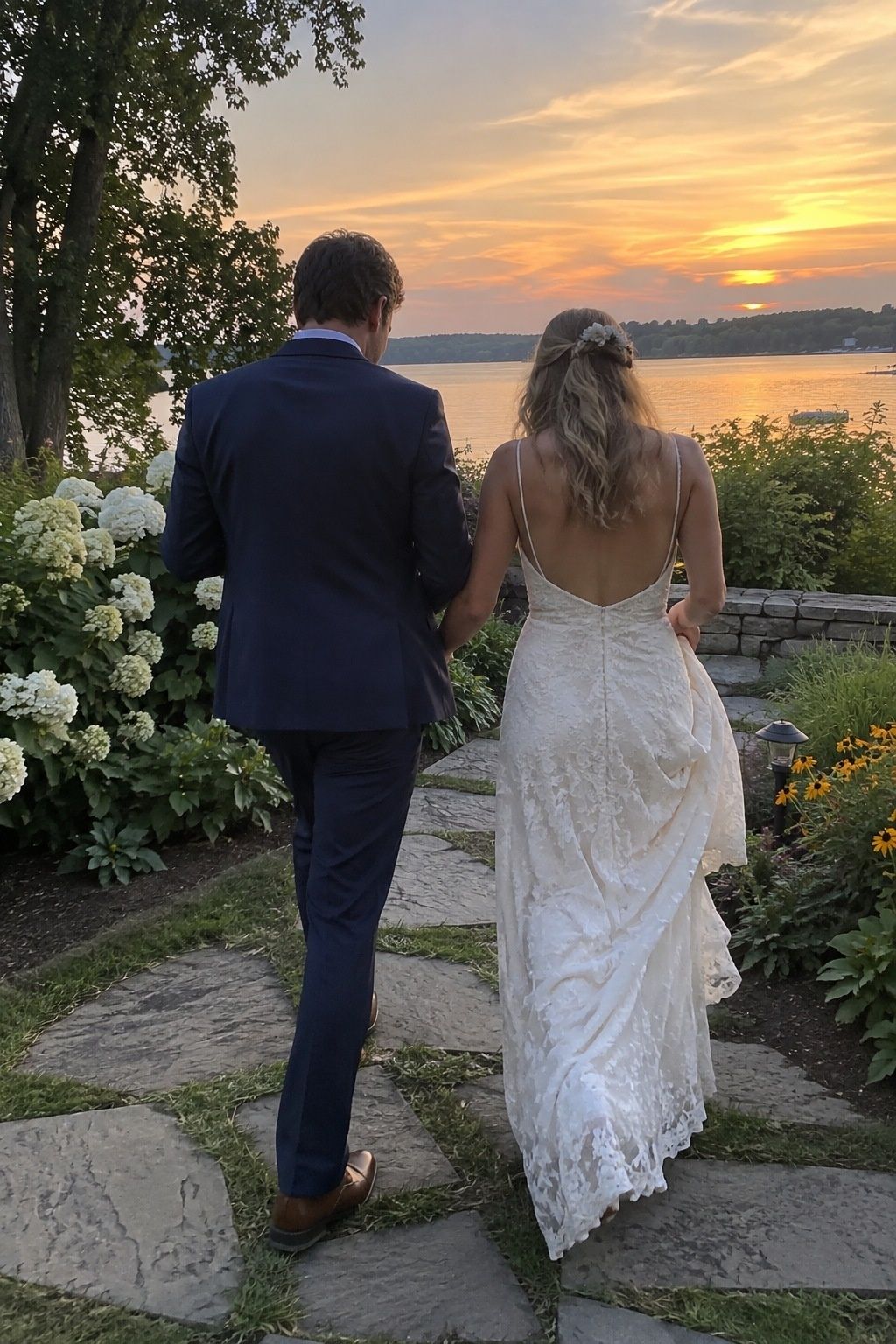Wedding couple walking toward the lake at sunset