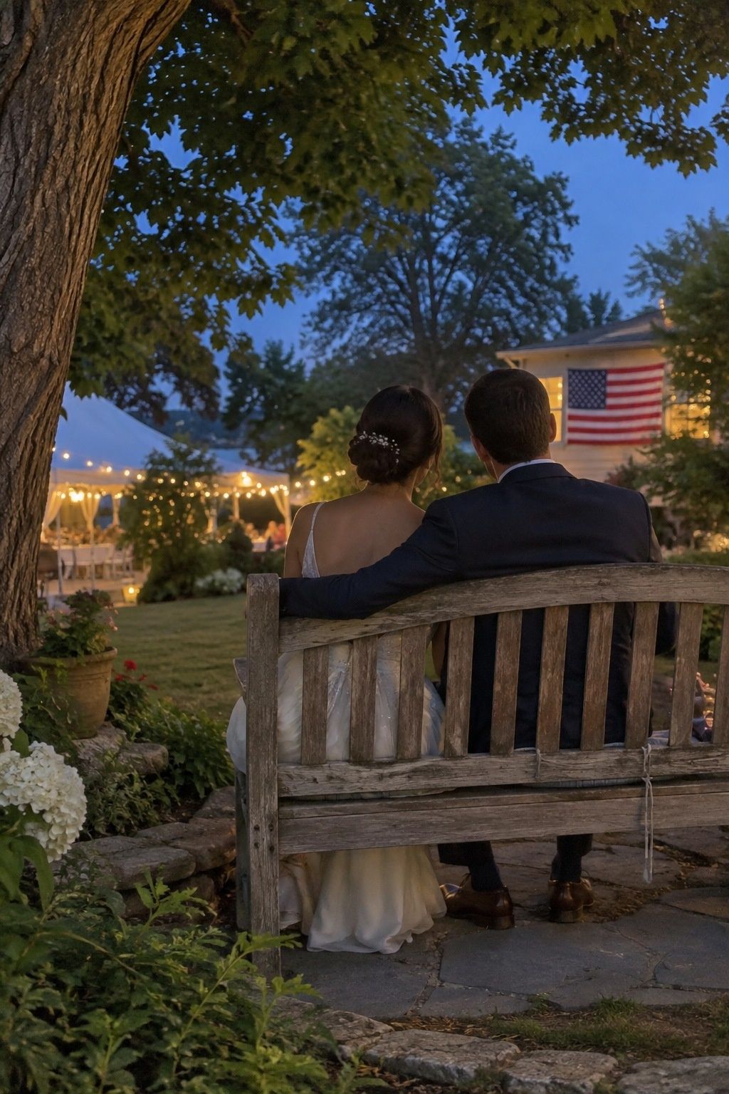 Wedding couple sitting quietly on a garden bench away from the party
