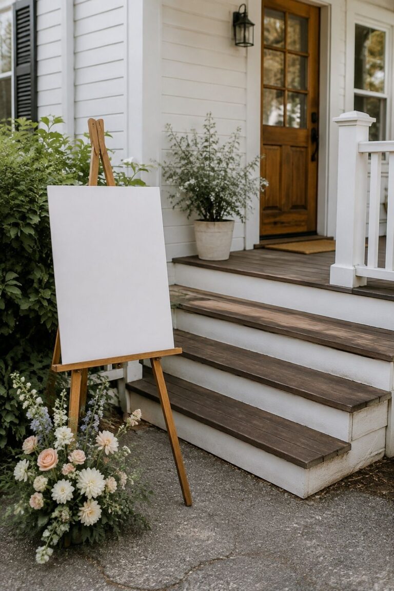 Start With a Welcome Sign Near the Steps for front porch wedding shower decor.