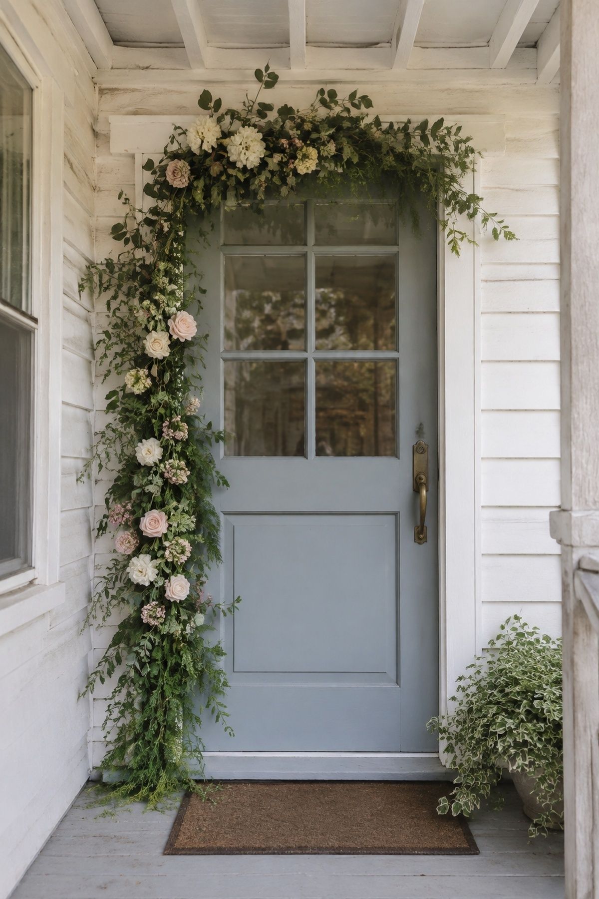 Front door framed with florals and greenery