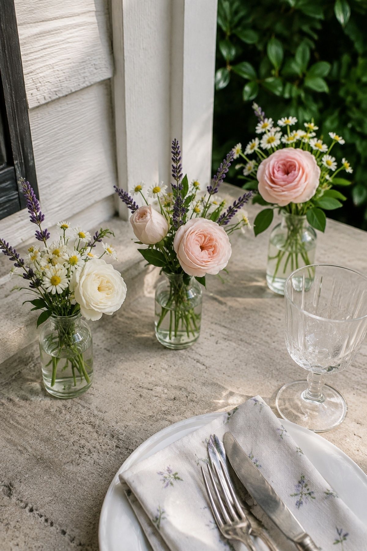Bud vases on a porch table instead of big centerpieces