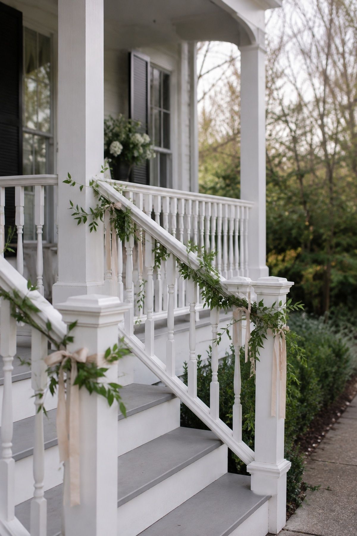 Porch railing styled with ribbon and greenery