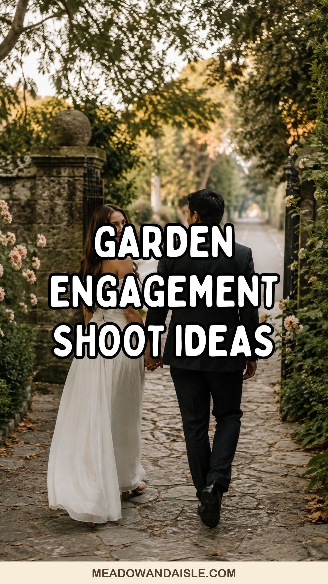 Pinterest pin with the title Garden Engagement Shoot Ideas