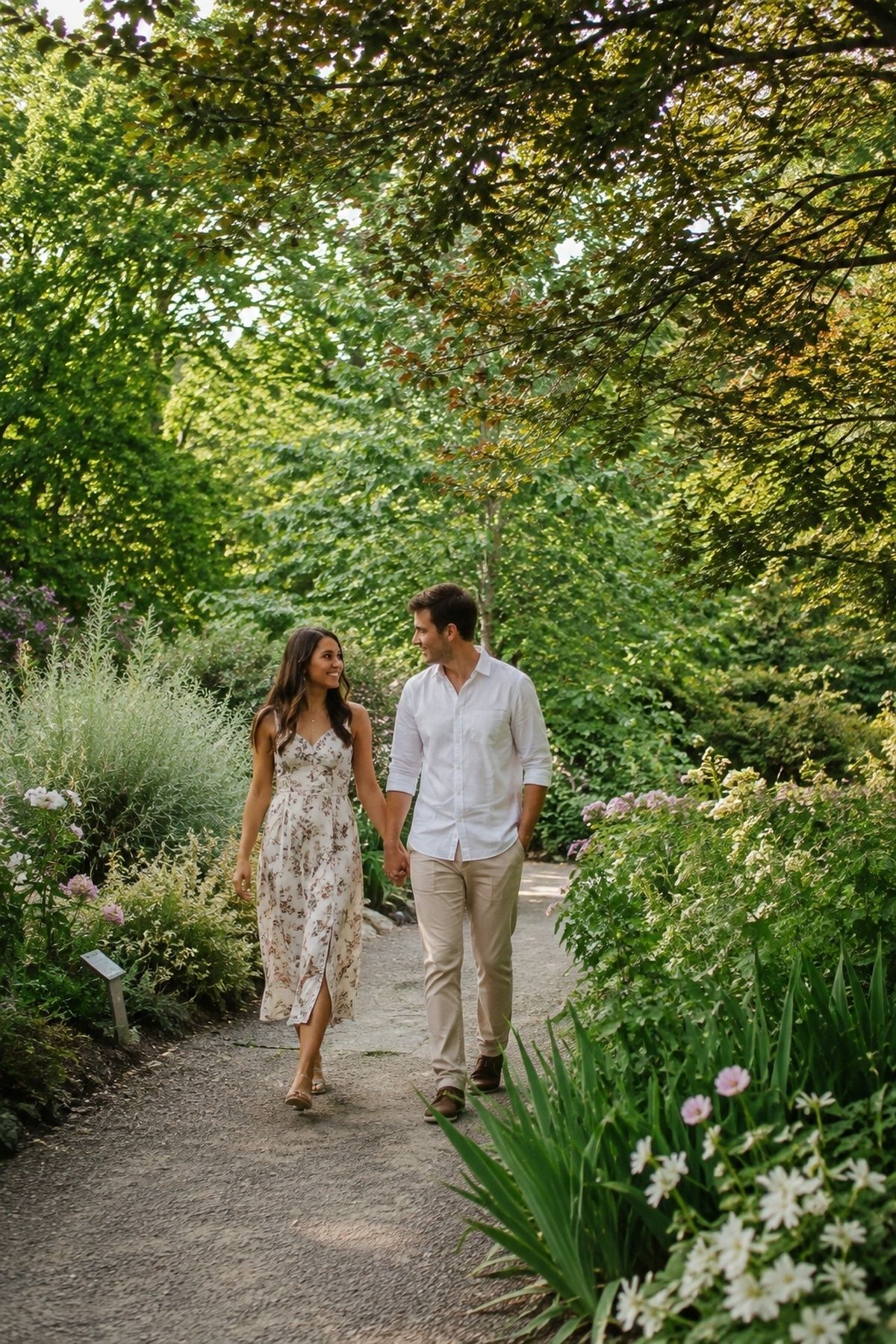 Couple walking the garden paths together