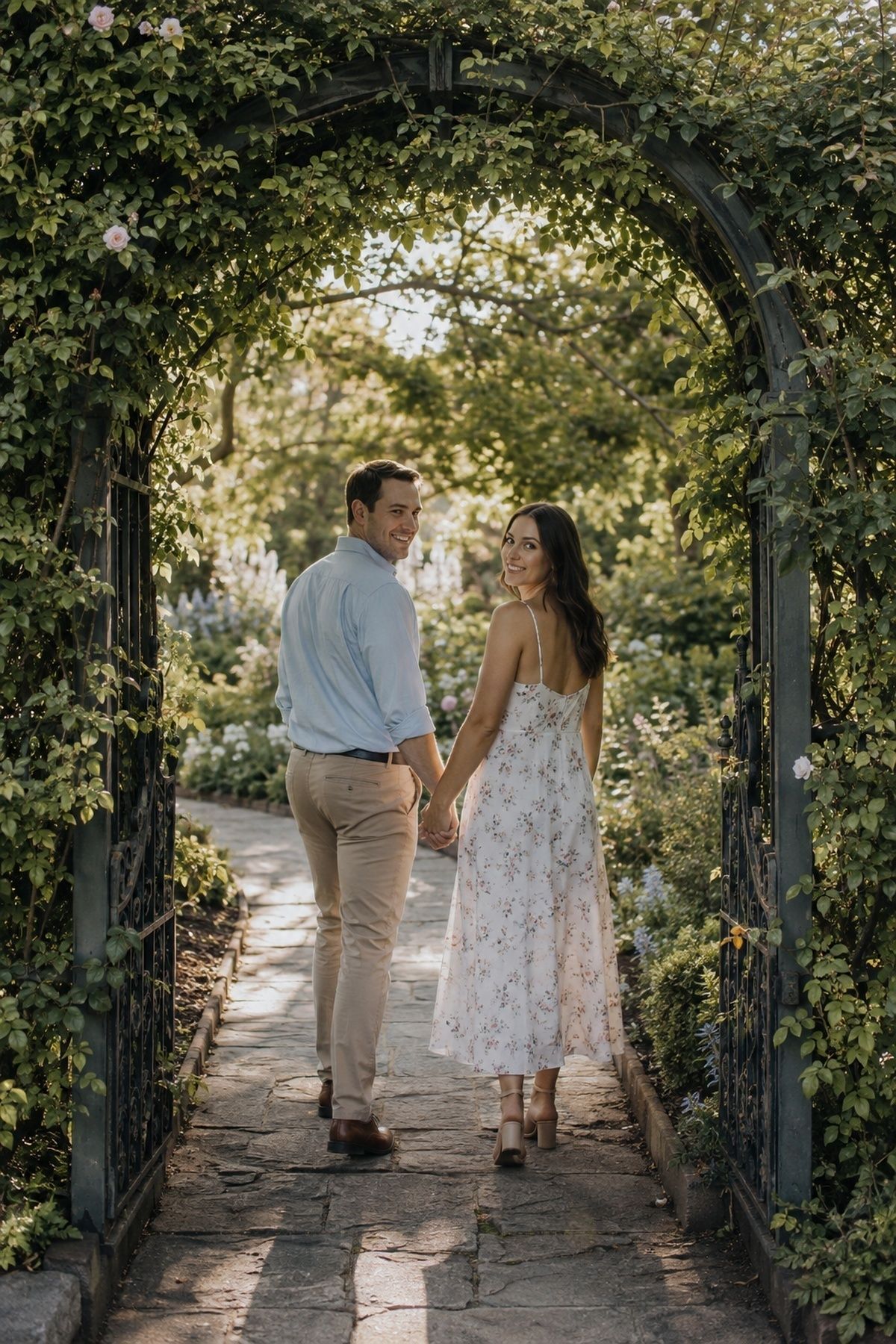 Couple framed by a garden gate or arch