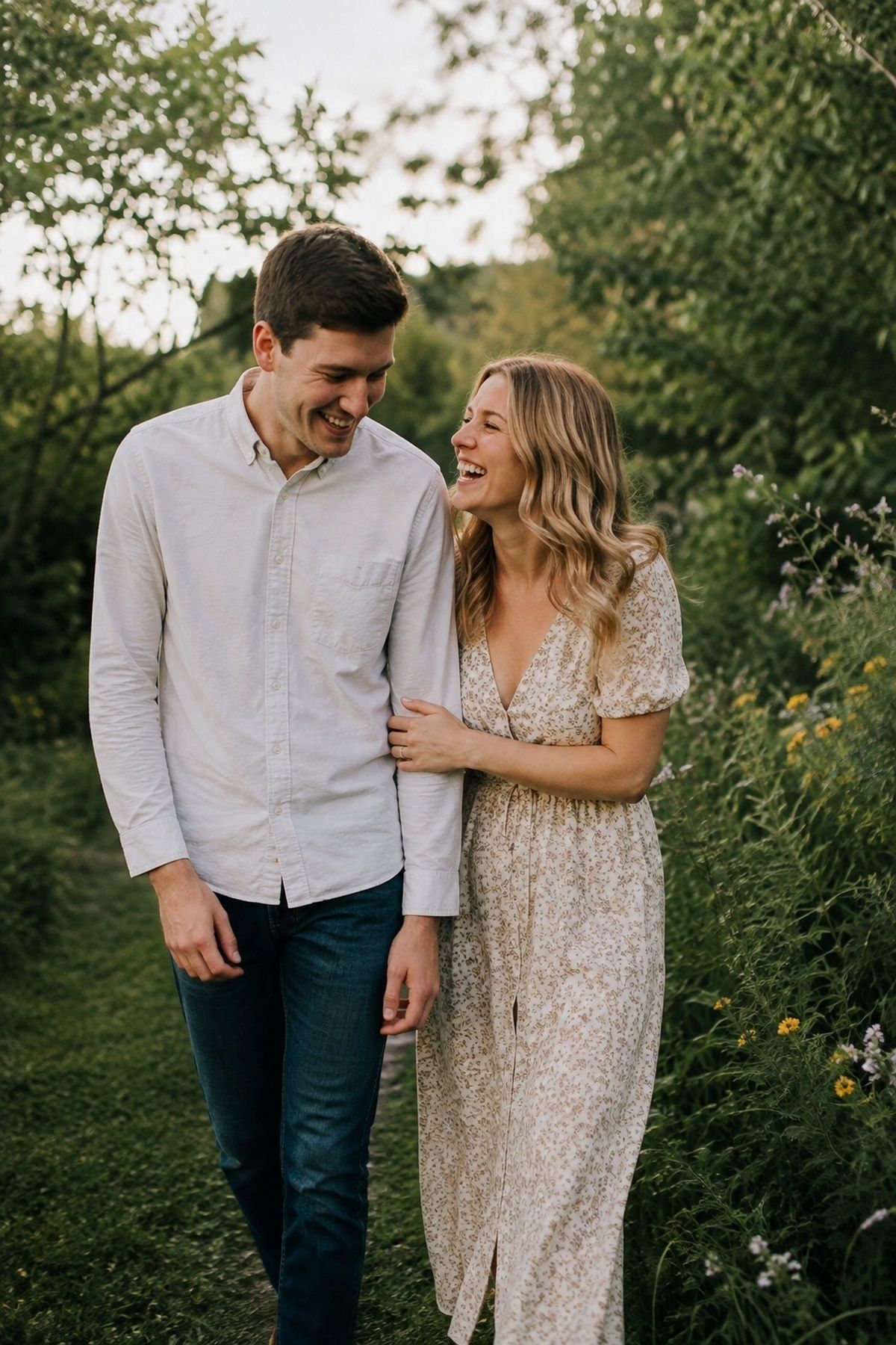 Couple laughing on a quiet garden walk