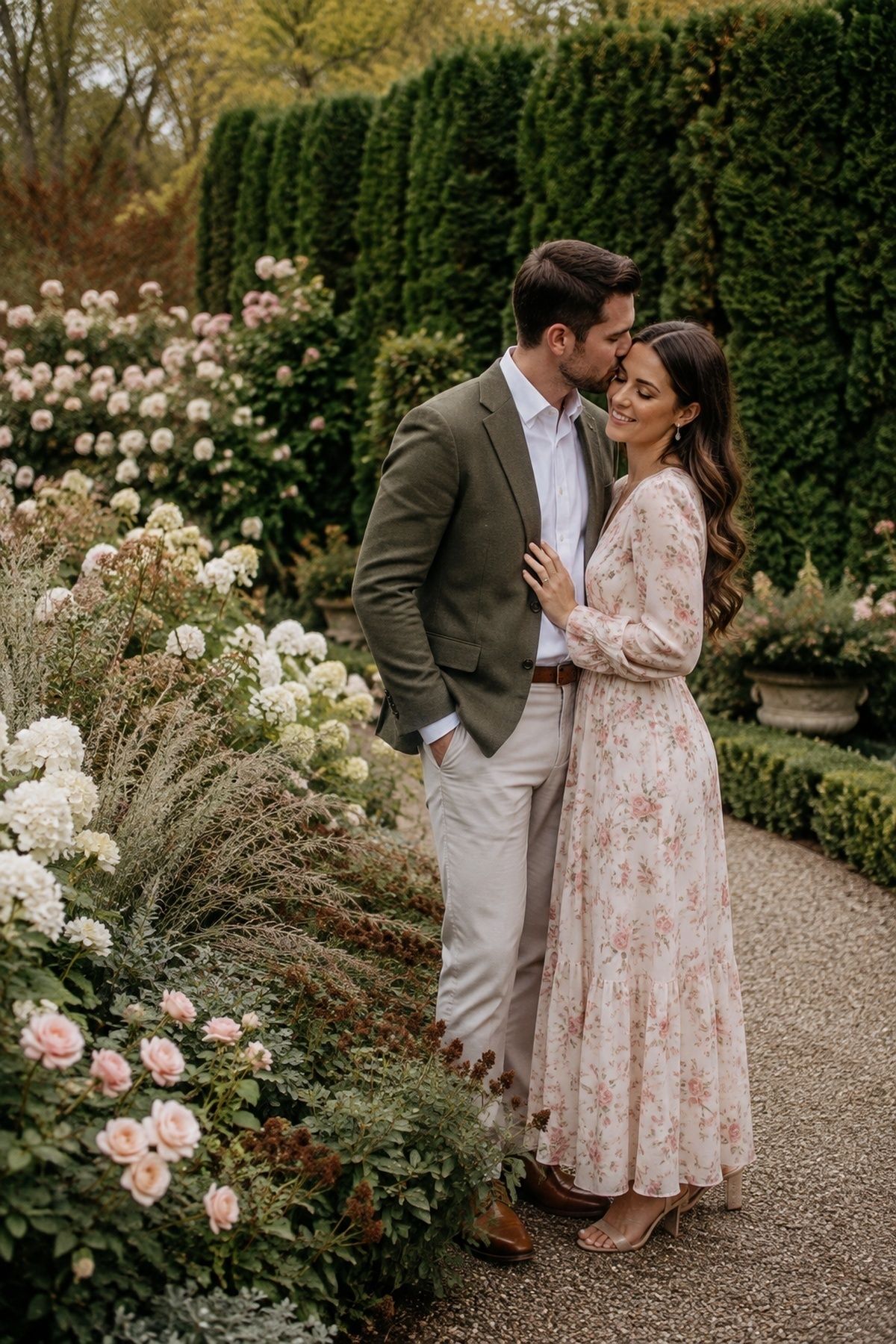 Seasonal garden colour in an engagement photo
