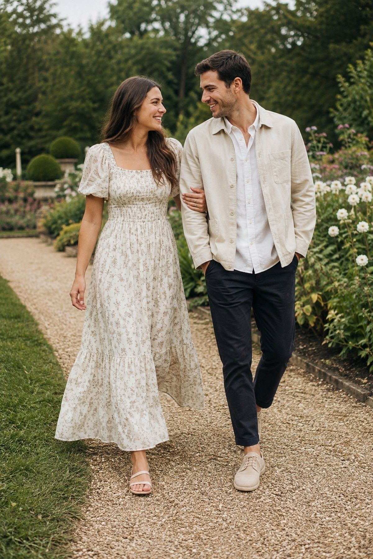 Easy-moving outfits for a garden engagement shoot