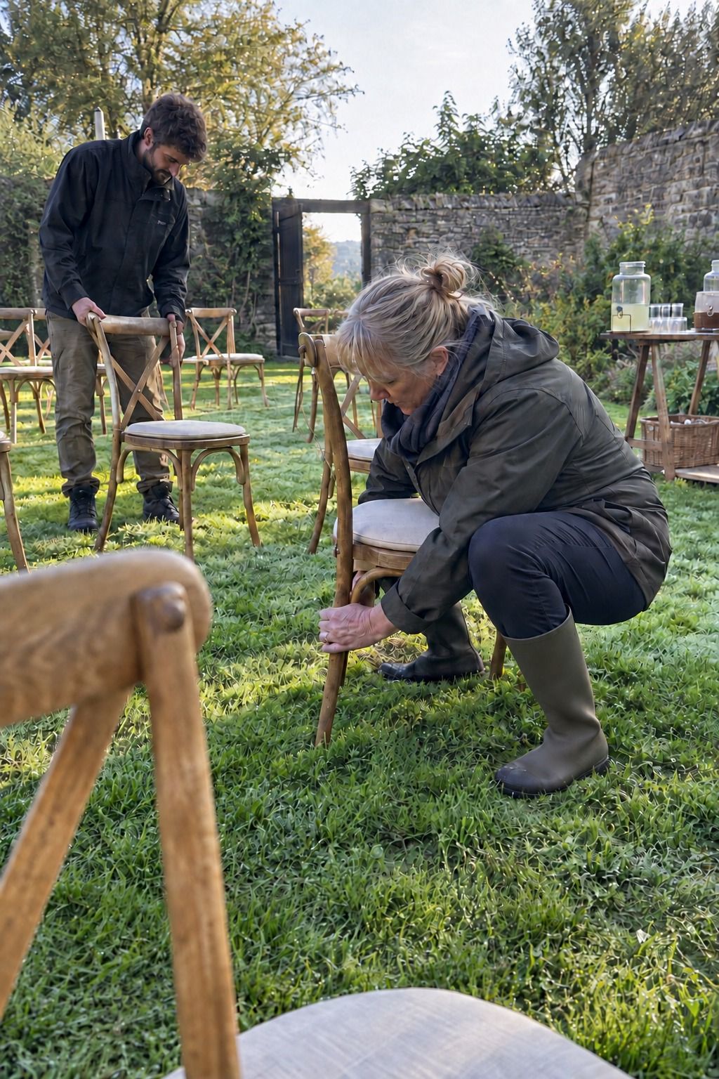 Helpers test damp morning grass and stabilize chair legs during active setup, photographed low and off-axis.