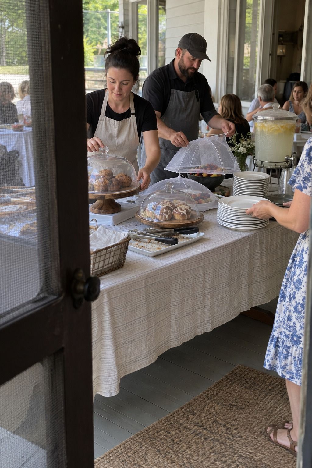 Catering staff cover pastries and fruit and maintain a lidded sweet-drink dispenser during active shaded porch service.