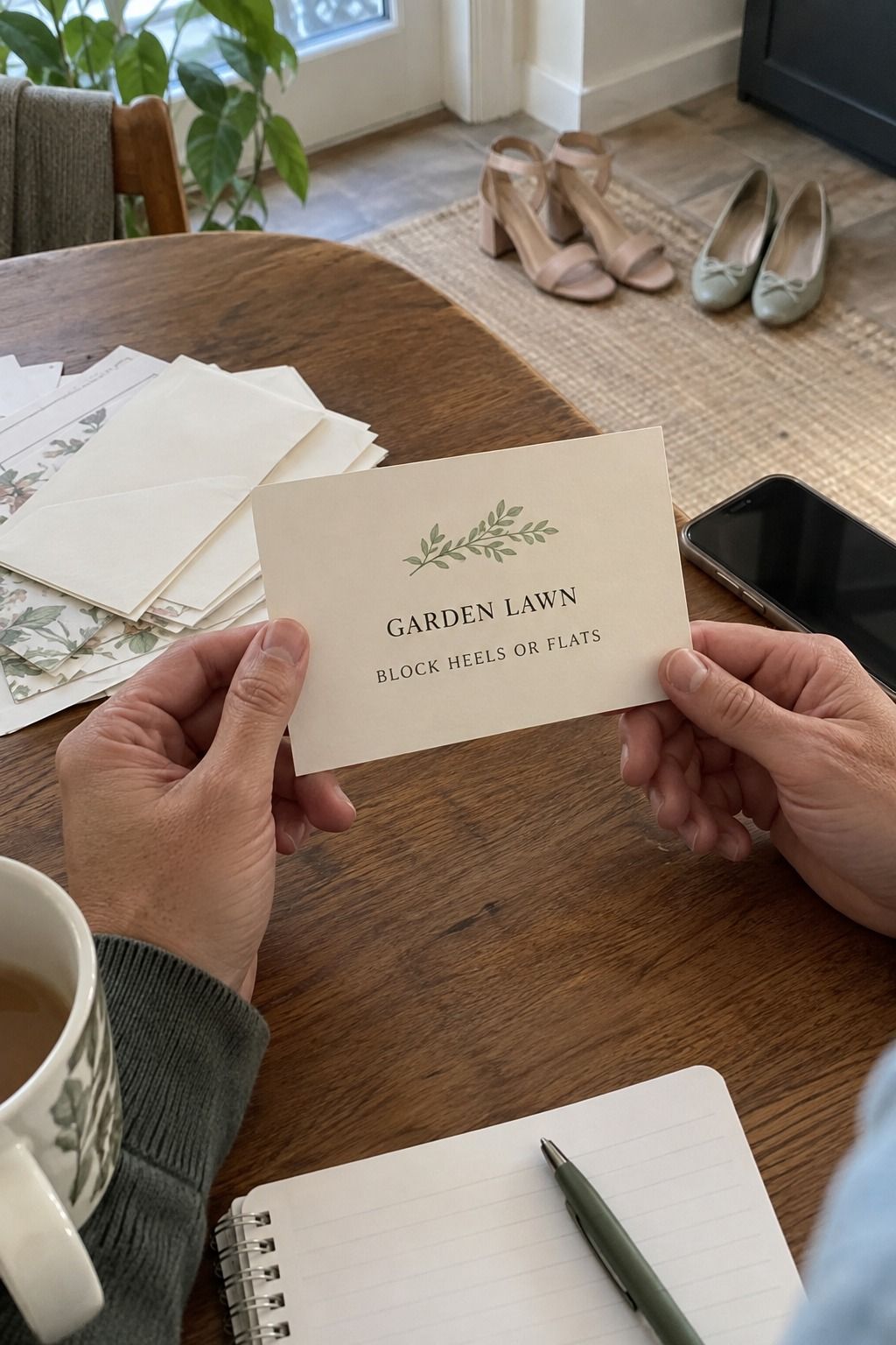 A lived-in home planning moment shows a details card with the required lawn-safe footwear wording and ordinary shoes nearby.