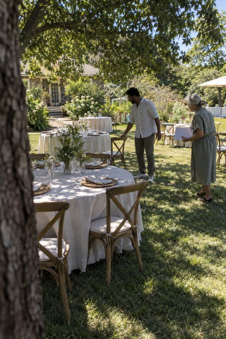 A planner and venue owner observe the midday shadow line and shift a chair while partly set tables cross moving tree shade.