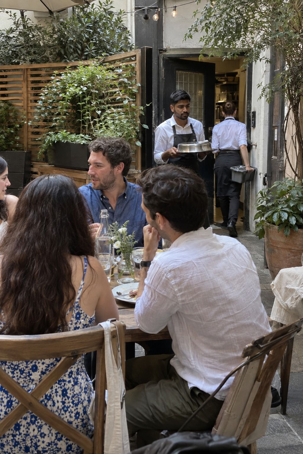 Two servers use a compact side route between the nearby service door and occupied courtyard tables while guests continue talking.